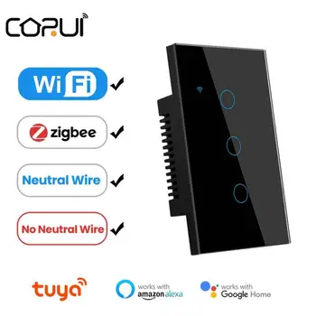 CORUI Tuya WiFi/Zigbee Умный Выключатель света, Нейтральный провод/Не требуется Нейтральный провод, Настенный сенсорный выключатель Работает с Alexa Google Home