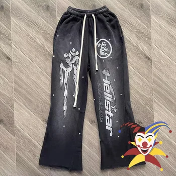 Выстиранные спортивные брюки Hellstar Flare черного Цвета с пламенем Для Мужчин И женщин, винтажные брюки-клеш на шнурке для бега Трусцой