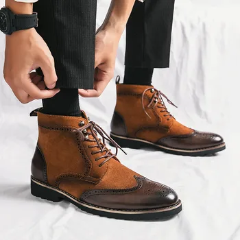 Мужские ботильоны коричневого цвета с острым носком в британском стиле, Мягкие удобные кожаные ботинки, Мужские деловые мужские модельные туфли с высоким берцем, Размер 38-45
