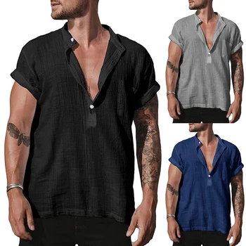 Мужские повседневные хлопчатобумажные льняные рубашки Летние льняные рубашки с коротким рукавом и V-образным вырезом Красивые мужские рубашки