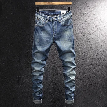 Уличная одежда, Модные мужские джинсы, ретро-Синие Эластичные облегающие Рваные джинсы, Мужские брюки с Нашивками, Дизайнерские Винтажные Повседневные джинсовые брюки